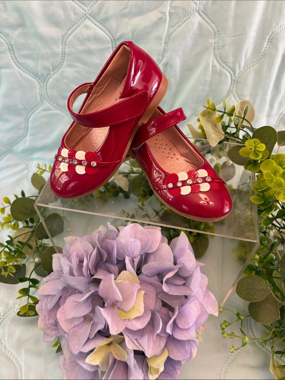 Red Patent Mary Jane Girls' Shoes with row of hearts Accent